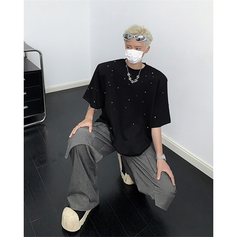 美式高街重磅垫肩短袖T恤手工金属珍珠设计感体恤TX1122P68,男装T恤,星座512-1（原513-3）