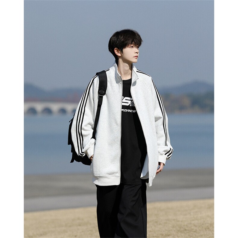 8XL-M三条杠运动卫衣特大码美式条纹立领夹克开衫外套JK5205/P65，男装夹克，电商B238