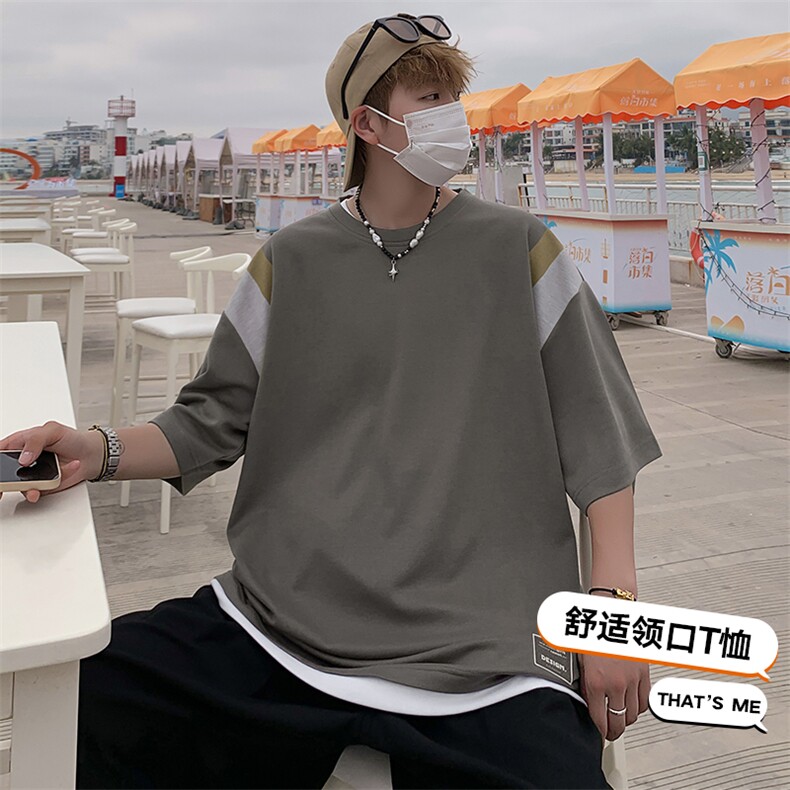 冰氧仿棉短袖港风夏季休闲百搭撞色印花男上衣TC3157-P25控48图片