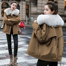 棉衣/棉服2021新款冬仿羊羔毛中长款工装棉服女海军领派克服配毛领，女装派克服，瑶迪依秀