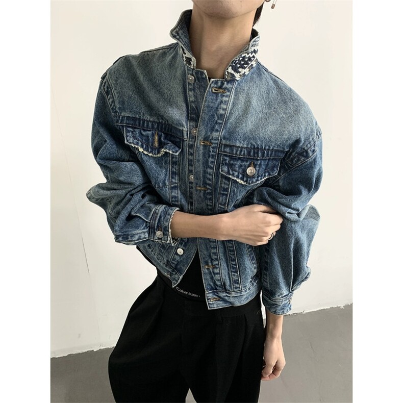 现货！水洗短款拼接牛仔外套夹克高街复古美式牛仔褂RF4007-P88,男装工装外套,星座1005-6