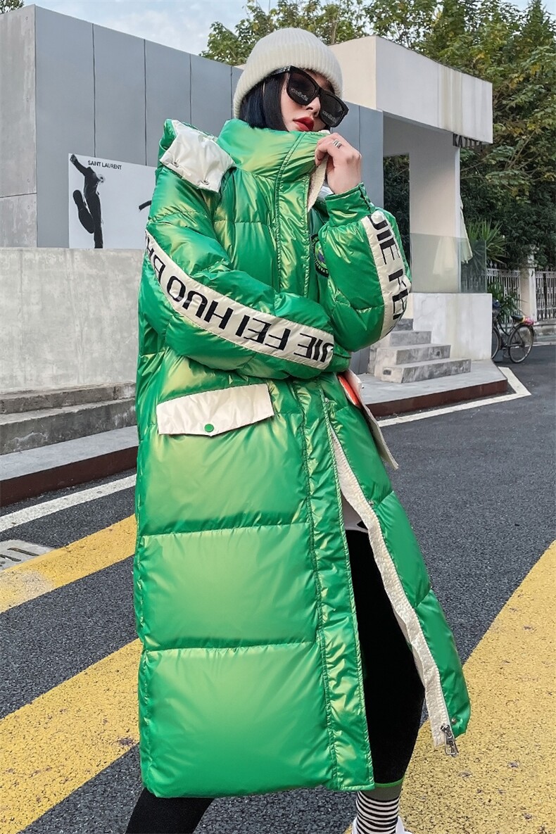 2022年冬季新款过膝撞色连帽韩版长款时尚洋气白鸭绒羽绒服,女装羽绒服,时尚俏佳人