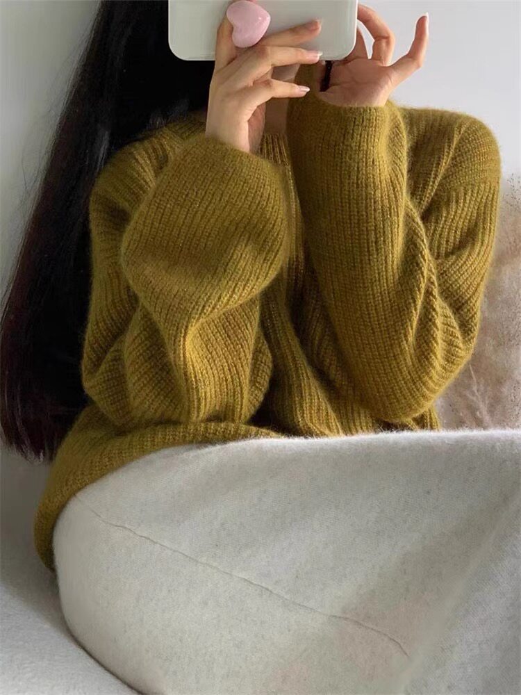 时尚百搭宽松显瘦圆领羊毛衫女秋冬新款慵懒风加厚保暖毛衣,女装羊毛衫,圣旺供货