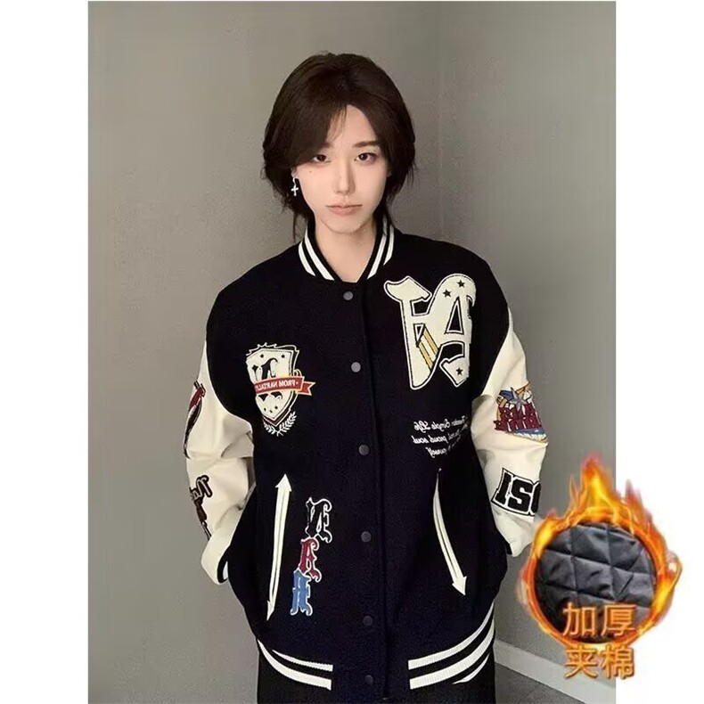 潮牌字母龙凤尼拼皮棒球服外套男女秋冬季复古宽松潮流情侣夹克,男装夹克,星座715-4