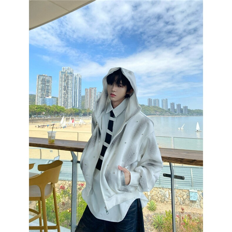 美式高街复古扎染珍珠点缀喷绘连帽卫衣男女休闲百搭宽松开衫上衣,男装卫衣,星座506A