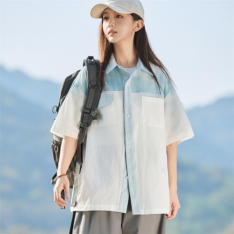 夏季2025新款薄外套休闲宽松渐变扎染短袖衬衫女A406C6051特P45,男装衬衫,星座309（原A406）