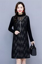 链条绣花植绒中长款长袖2020年冬季半高领纯色连衣裙，女装连衣裙，安之芮娜