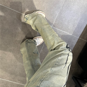 网图 黄泥色火焰牛仔裤男美式高街vibe裤子直筒微喇裤 GT811-P48图片