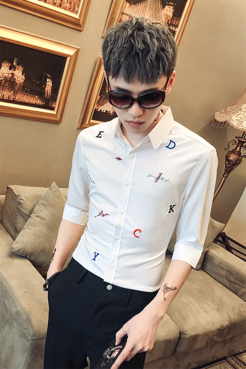 19春夏新款男绣花时尚七分袖潮个性夜店发型师衬衣社会风D456,男装衬衫,星座419（原A233）