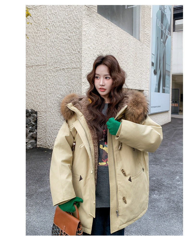 连帽牛角扣保暖加厚派克服冬韩版复古休闲工装外套，女装派克服，浙宝099