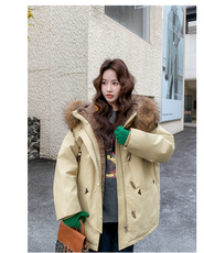 连帽牛角扣保暖加厚派克服冬韩版复古休闲工装外套，女装派克服，浙宝099