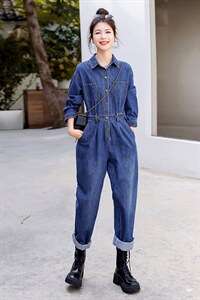 时尚显瘦牛仔连体裤女宽松高腰长袖工装裤，女装连体裤，秋水欣儿