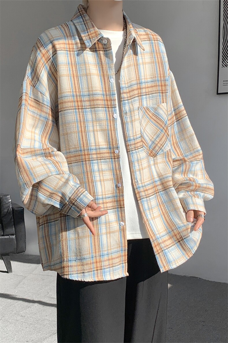 加绒衬衫男冬季新款港风宽松磨毛格子长袖衬衣JR02-特P35,男装衬衫,星座214-3