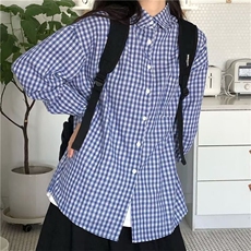 夏日韩版格子蓝色衬衫女宽松男友风衬衣宽松显瘦防晒开衫垂感外套，男装防晒衣，星座1210-1