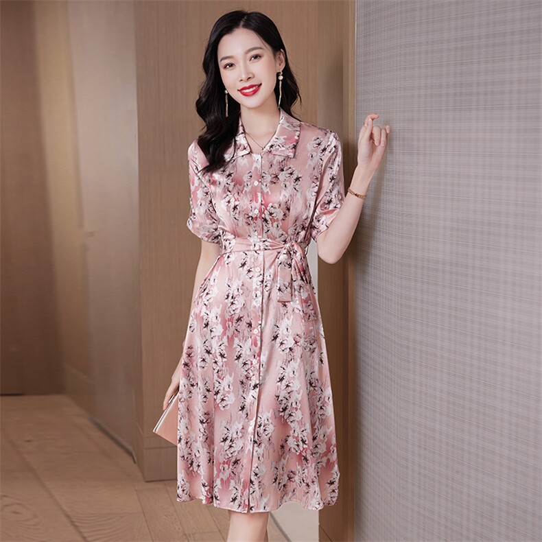 大喜自制【现货】莫奈花园2022复古修身真丝V领短袖印花连衣裙,女装连衣裙,阿舍尔精品