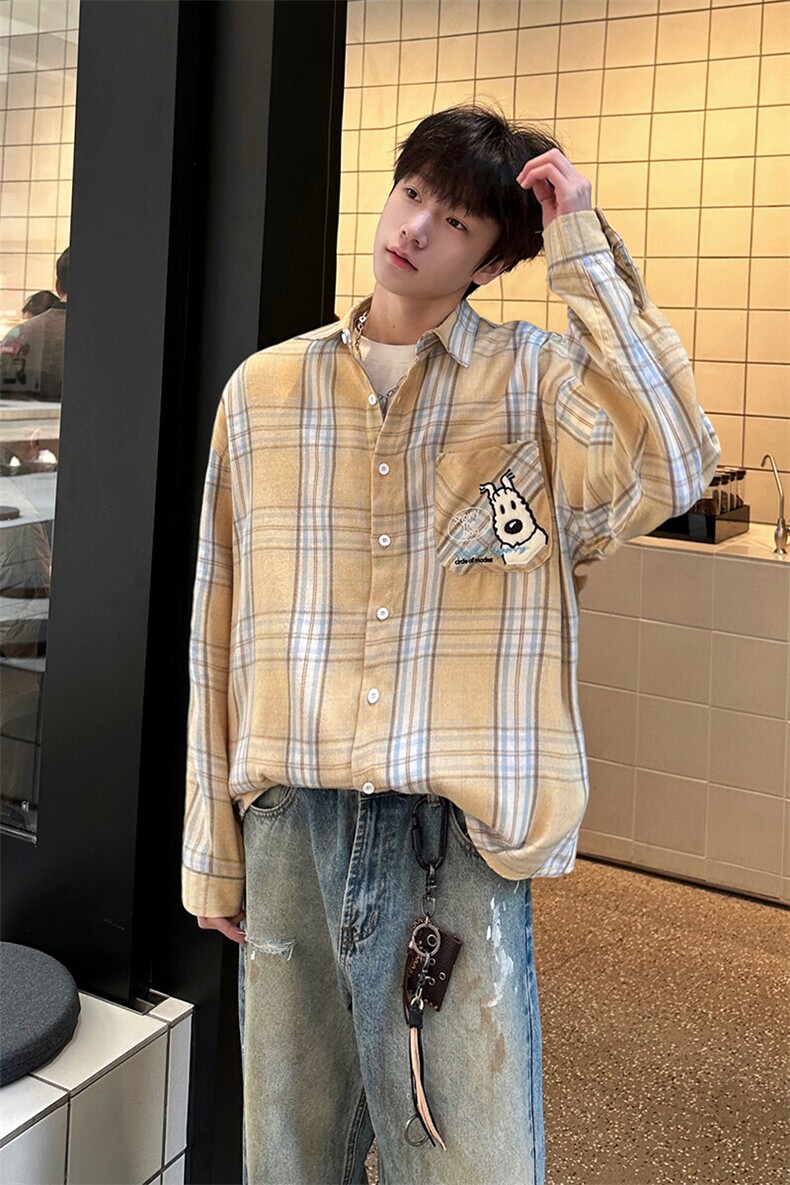 8XL-M小狗格子衬衫男长袖2025春情侣款寸衣宽松衬衣CS519P58控78,男装衬衫,电商D206-1