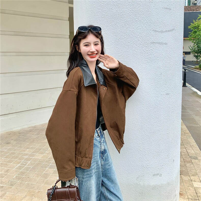 美拉德麂皮绒外套女宽松2025秋新款甜酷风小个子百搭短款夹克上衣,女装短外套,2C126