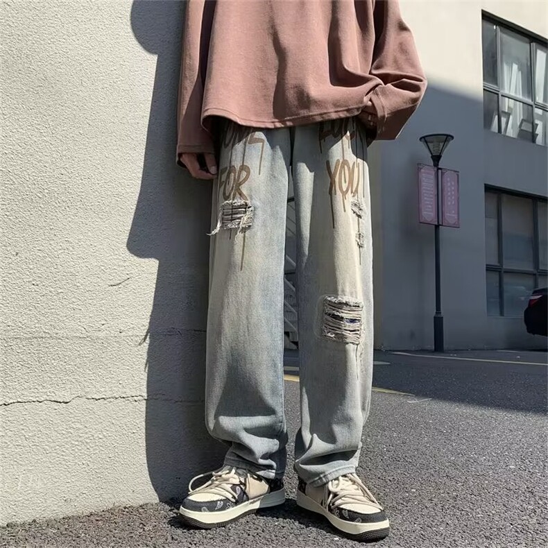 美式街头小众破洞牛仔裤男字母印花复古高街宽松休闲裤L50222-P40图片