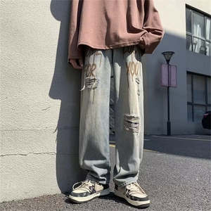 美式街头小众破洞牛仔裤男字母印花复古高街宽松休闲裤L50222-P40图片
