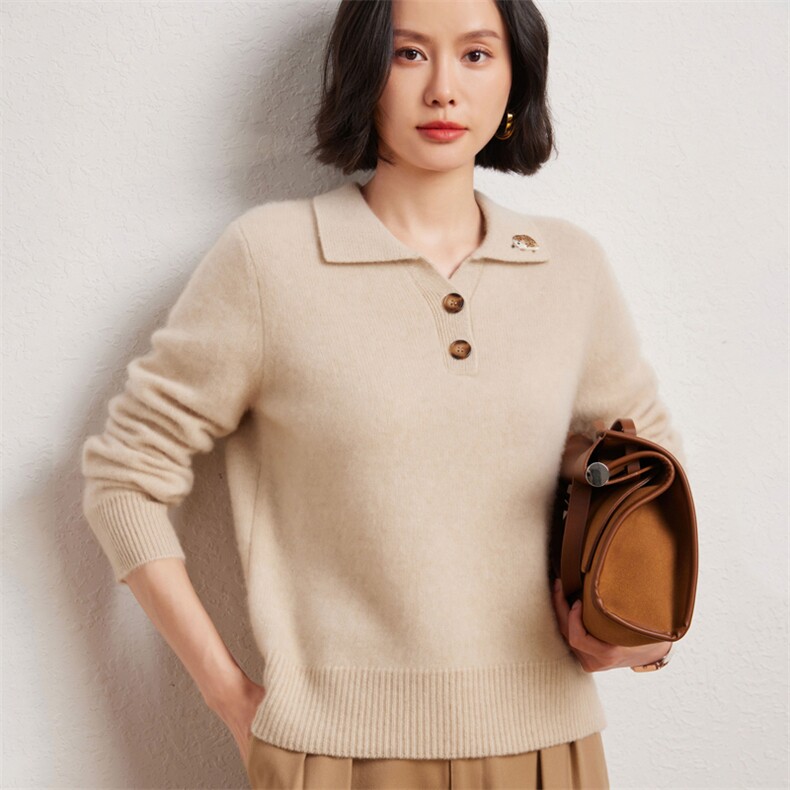 秋冬翻领刺绣刺猬100%羊绒衫女polo宽松时尚套头长袖针织打底上衣,女装羊绒衫,臻维羊绒