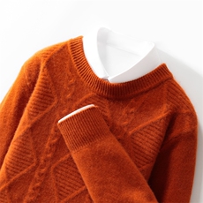 重磅加厚100%纯羊毛衫男圆领菱形提花针织长袖毛衣宽松羊绒打底衫，男装羊毛衫，邓利维