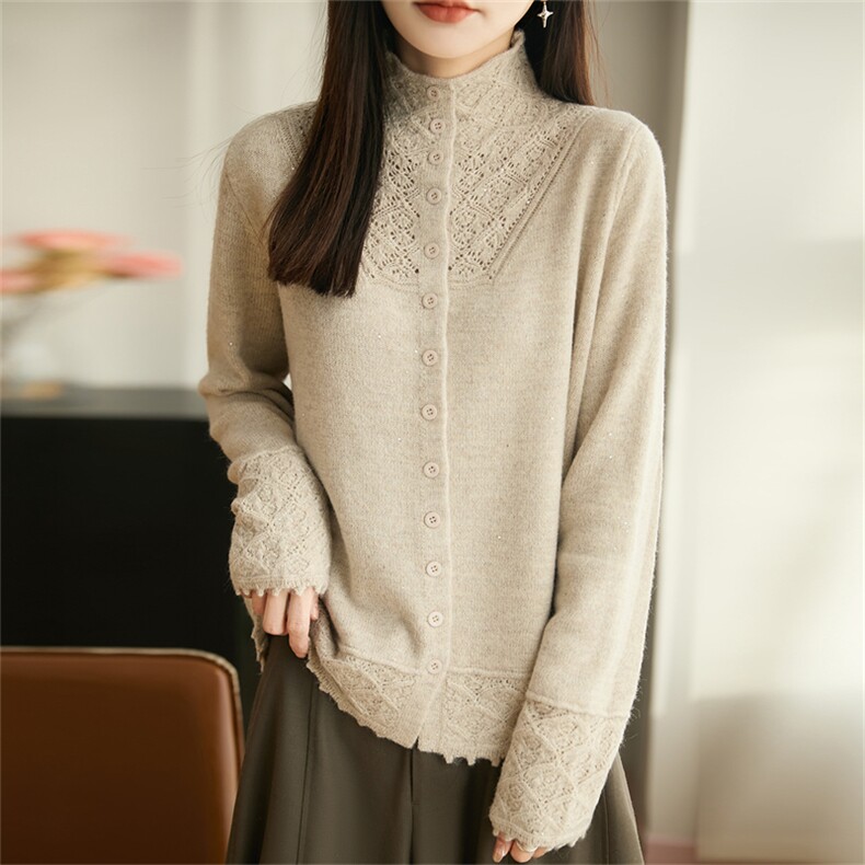 2025年秋季时尚百搭通勤简约休闲加亮片半高领针织衫，女装针织衫/毛衣，郡淞羊绒