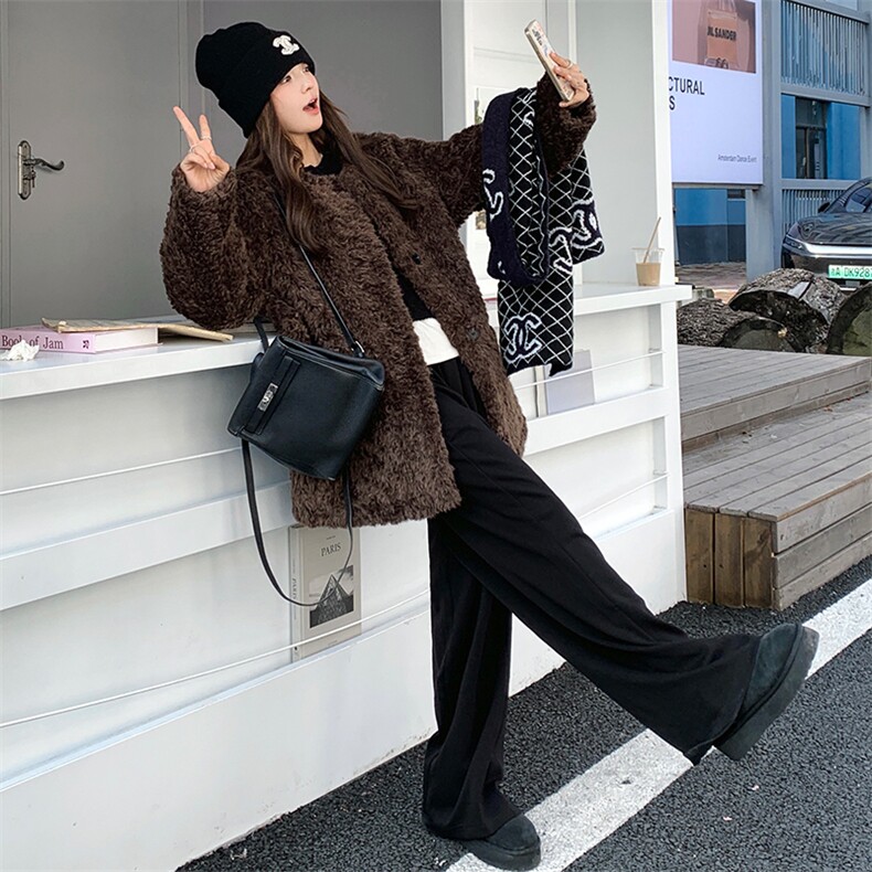 皮毛一体棕色美拉德羊羔毛中长款女冬加厚外套宽松高级感时髦大衣,女装羊羔毛/颗粒绒,浙宝305