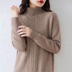 羊毛高翻领纽花长裙2024年秋季纯色简约，女装连衣裙，丹芙娇羊绒