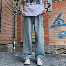美式复古水洗牛仔裤男斜口袋夏季高街宽松裤子阔腿长裤8151-P45，男装牛仔裤，星座1001-1