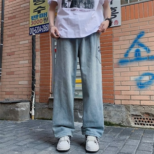 美式复古水洗牛仔裤男斜口袋夏季高街宽松裤子阔腿长裤 8151-P45图片