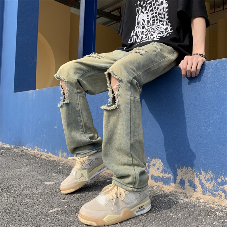 牛仔裤男夏季薄款黄泥色破洞修身直筒裤子高街vibe潮牌痞帅休闲裤图片