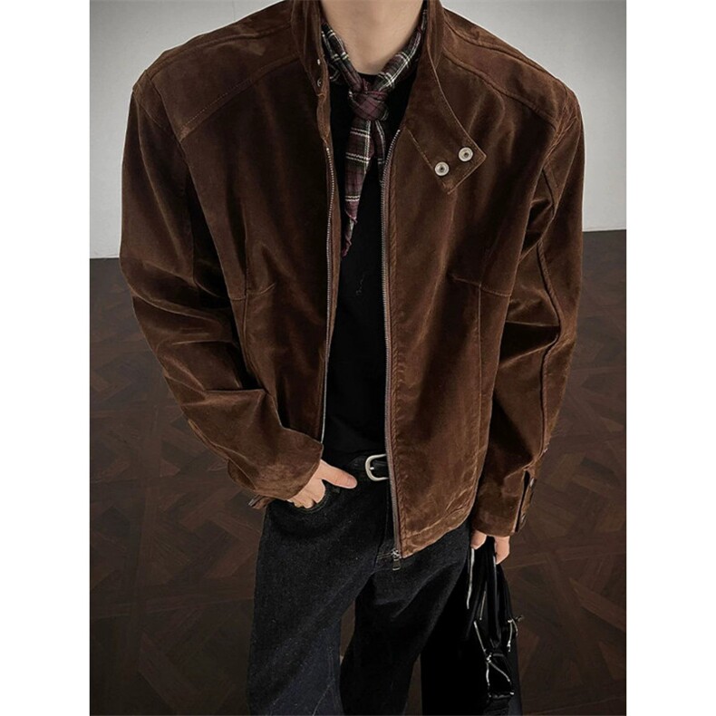 JK718-尺码M-3XL-特P65-X135-复古绒皮工艺立领哈灵顿夹克外套,男装夹克,星座1811B