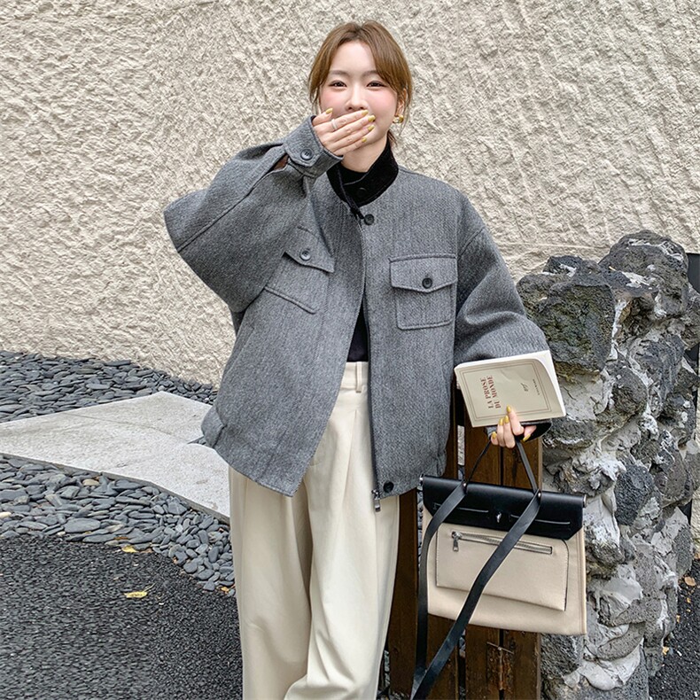 现货：冬装新款复古韩系撞色毛呢羽绒服2C135-8927P285K428图片