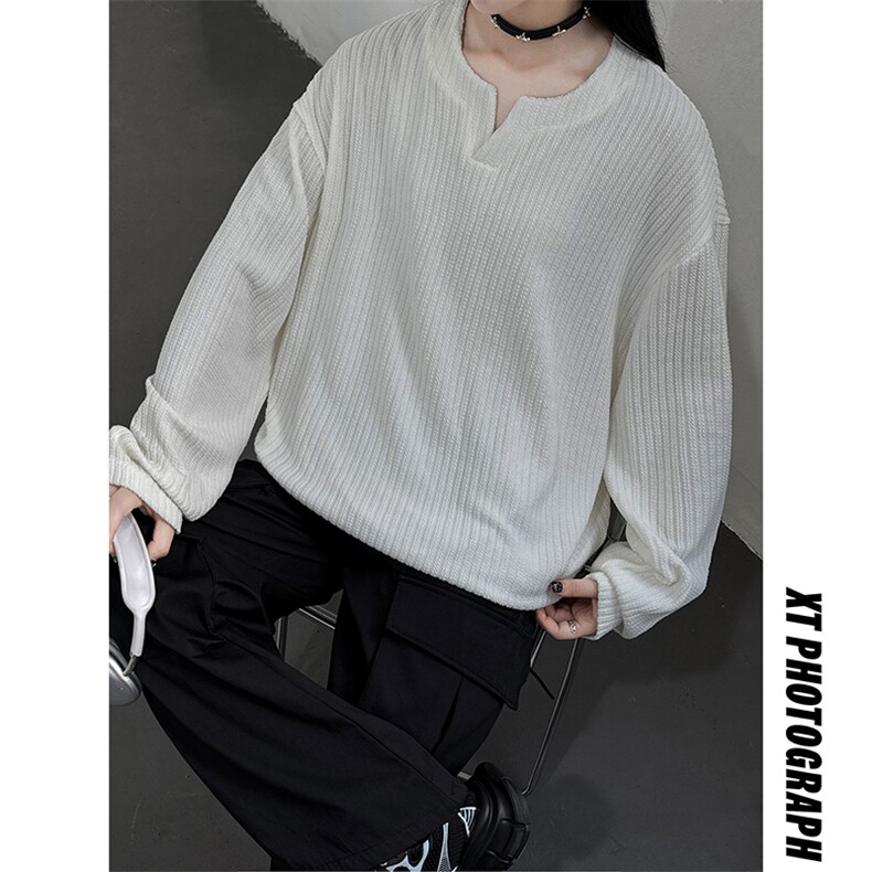 主推慵懒风肌理感小v领长袖T恤提花休闲卫衣宽松中性上衣H991P38，男装T恤，电商A341