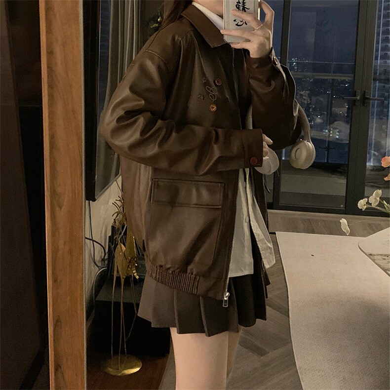 复古皮衣外套女春秋宽松显瘦百搭设计感纽扣装饰机车服潮C705-110,男装皮衣,星座911-2(原星座613-2）