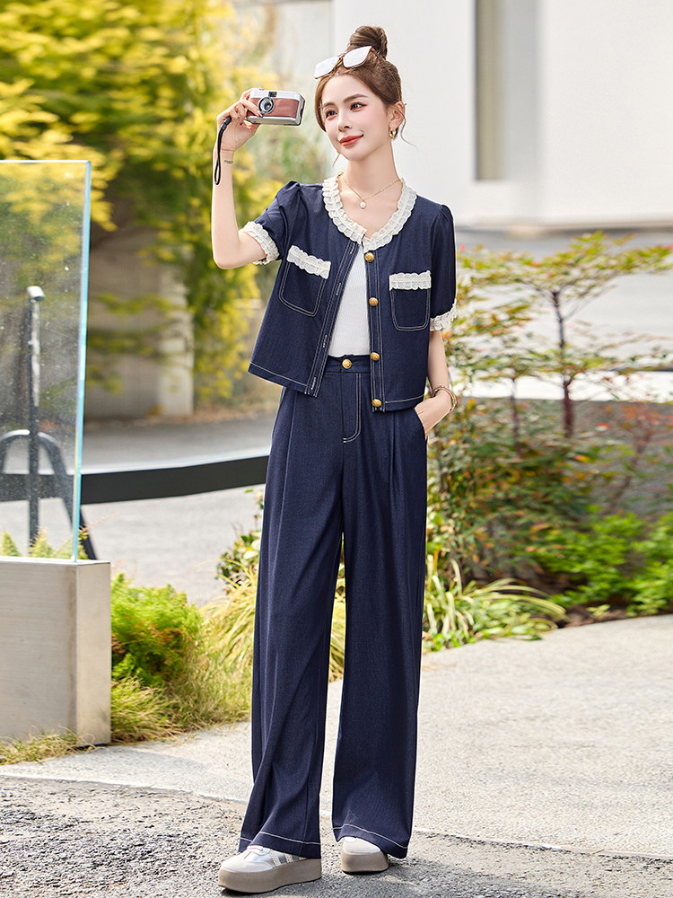 牛仔套装女2025夏新款韩系高级感小香风气质减龄阔腿裤穿搭一整套,女装套装/套裙,魅影