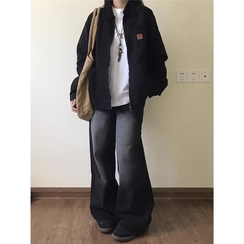 美式复古底特律夹克男女2025新款春秋季黑色情侣工装翻领开衫外套,男装夹克,星座506A