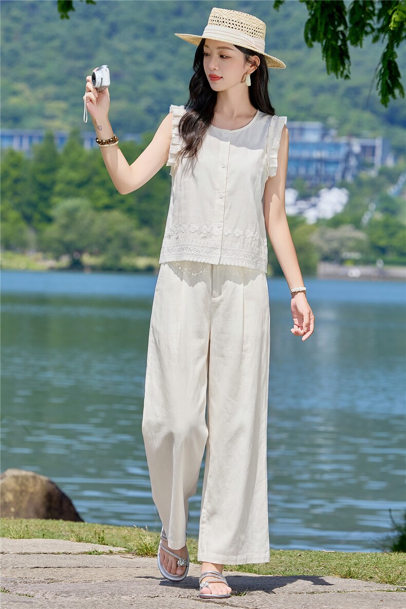 2026夏新款亚麻蕾丝花边拼接马甲阔腿裤套装,女装套装/套裙,瑶迪依秀