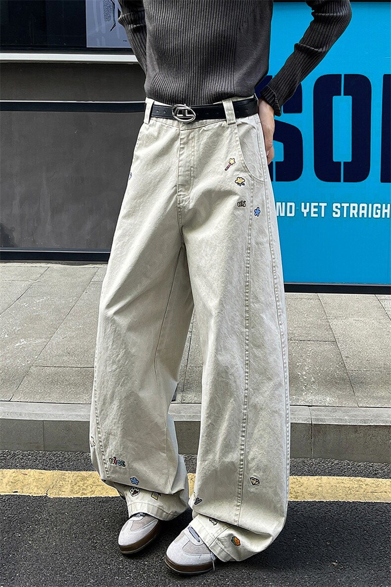 8X-M卡通绣花休闲裤男2025新款情侣宽松阔腿弯刀裤子K9173P78,男装休闲裤,电商D206-1
