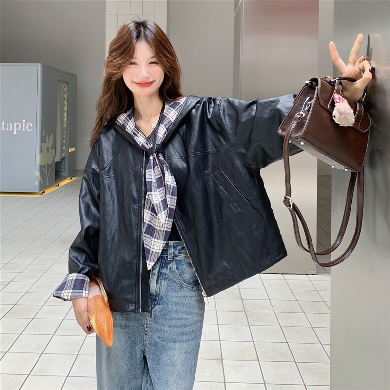 复古格子拼接连帽皮衣外套女2025秋新款设计感宽松短款机车服夹克，女装皮衣，慧尚依恋