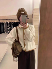 秋冬季新款舒适时尚百搭翻领拼色羊毛开衫，女装羊毛衫，莺澜羊绒