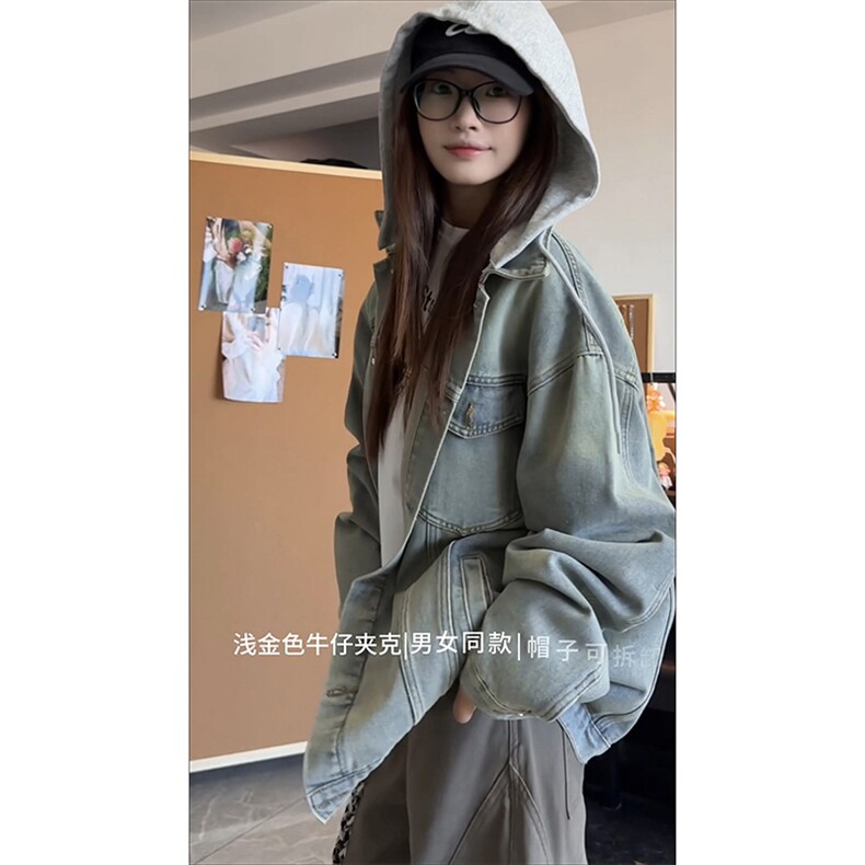 复古日系风百搭牛仔外套韩版个性可拆卸帽子牛仔上衣HY707TP70图片