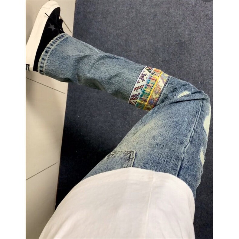 民族风拼接贴布牛仔裤男款美式复古裤子cleanfit垂感直筒微喇裤潮，男装牛仔裤，星座601-1