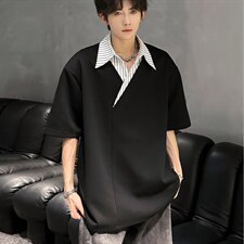 美式假两件正肩POLO衫男款夏季设计感翻领条纹衬衫领拼接短袖T恤，男装T恤，星座715-4