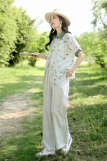 2025夏装新款苎麻碎花上衣复古宽松短袖印花衬衫女设计感碎花衬衣，女装套装/套裙，凝聚力