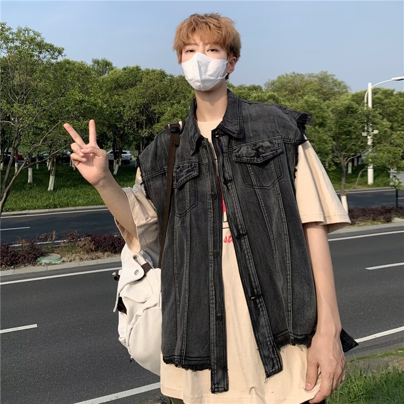 美式潮牌暗黑复古痞帅街头小众毛边牛仔马甲坎肩外套男MJ861-P55,男装背心/马甲,星座1008