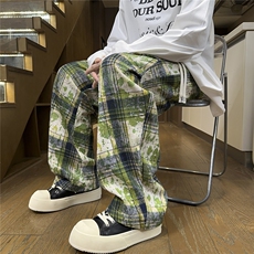 2026春夏宽松美式扎染潮男格子阔腿褶皱休闲裤K9700/特P40绿色，男装休闲裤，电商A094