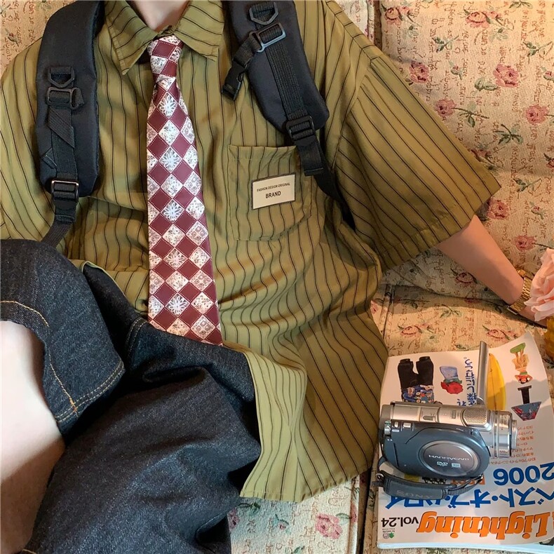夏季新款氛围感纸片人宽松短袖衬衣女复古宽松冰感条纹衬衫女,男装T恤,星座1210-1