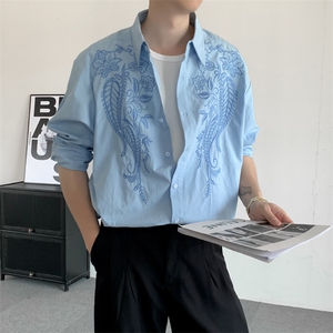 春装蓝色刺绣潮牌演出衬衫痞帅男女长袖衬衫外套表演衬衣宽松外套图片