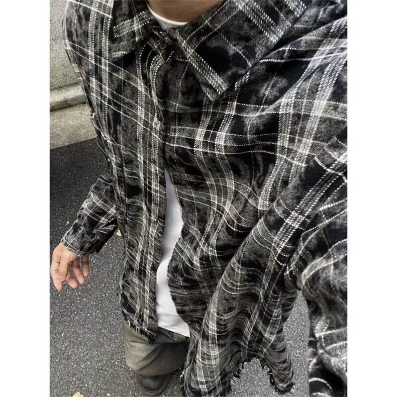 美式格纹毛边长袖衬衫衬衣男宽松日系复古情侣休闲外套WLJ066-p43图片